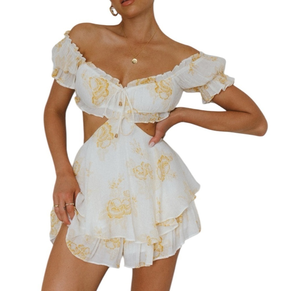 Angel biba.  White and Yellow Floral Off-Shoulder romper.
